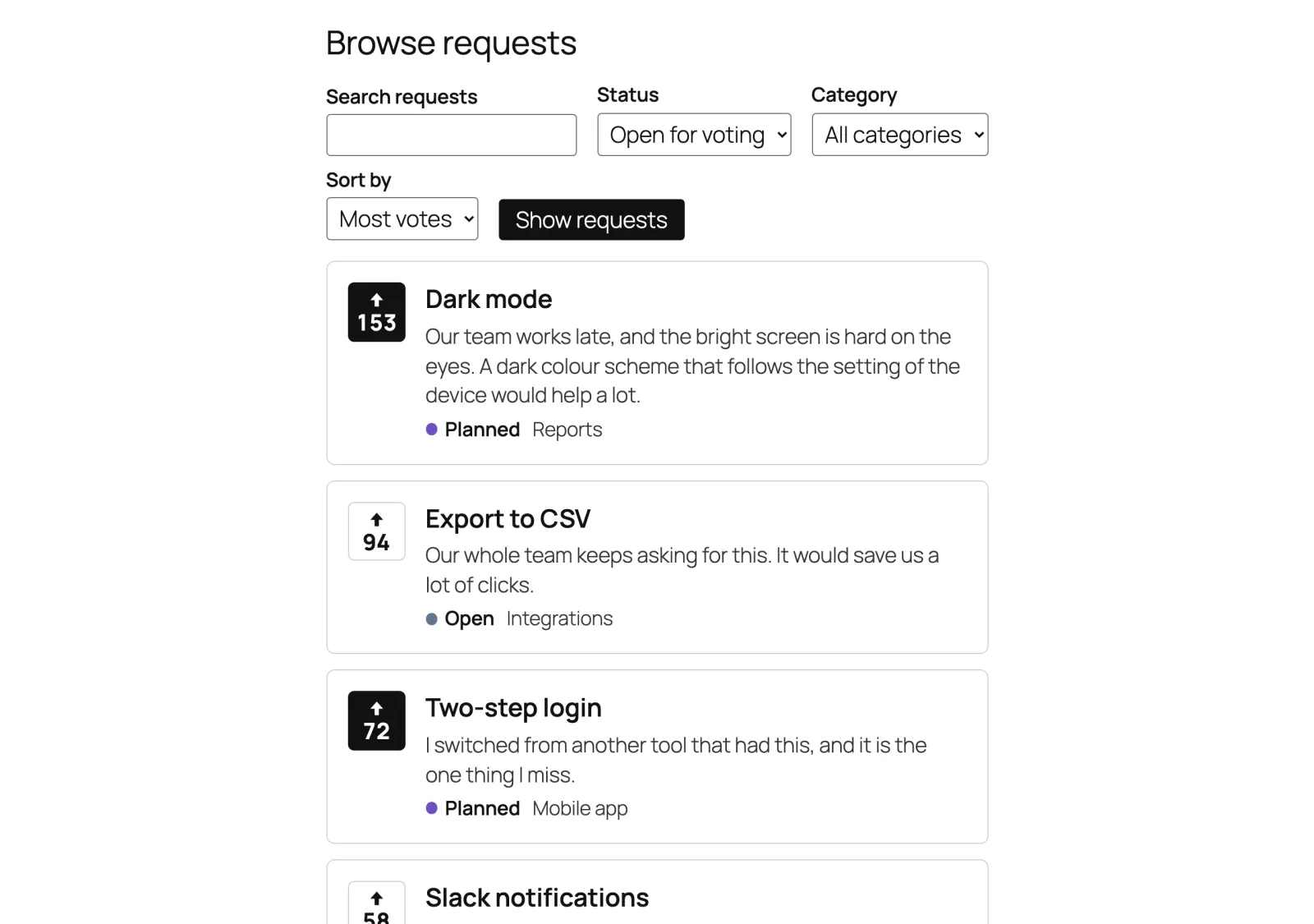 The board: search, filters and one-click voting