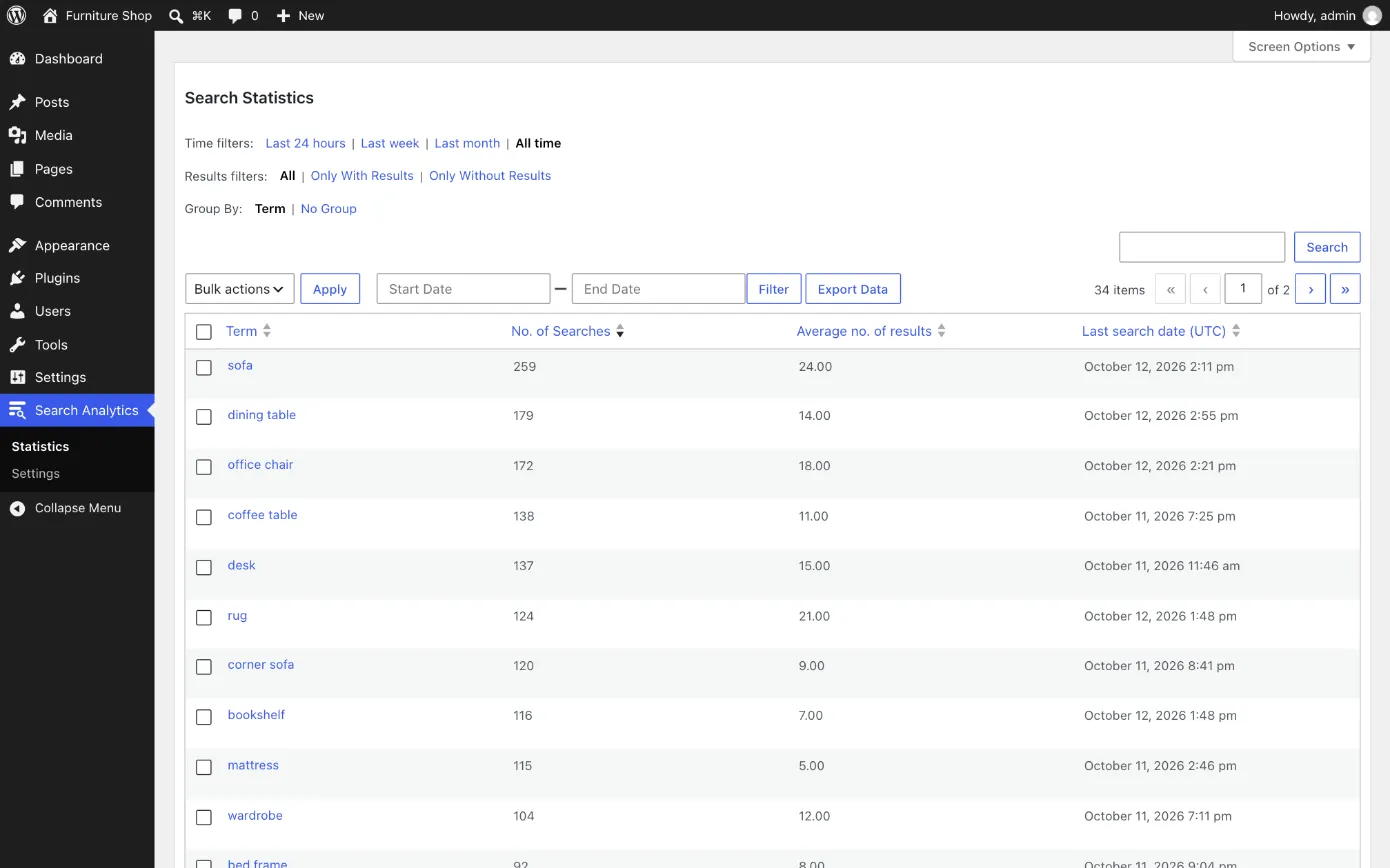 Search statistics with time, results and grouping filters