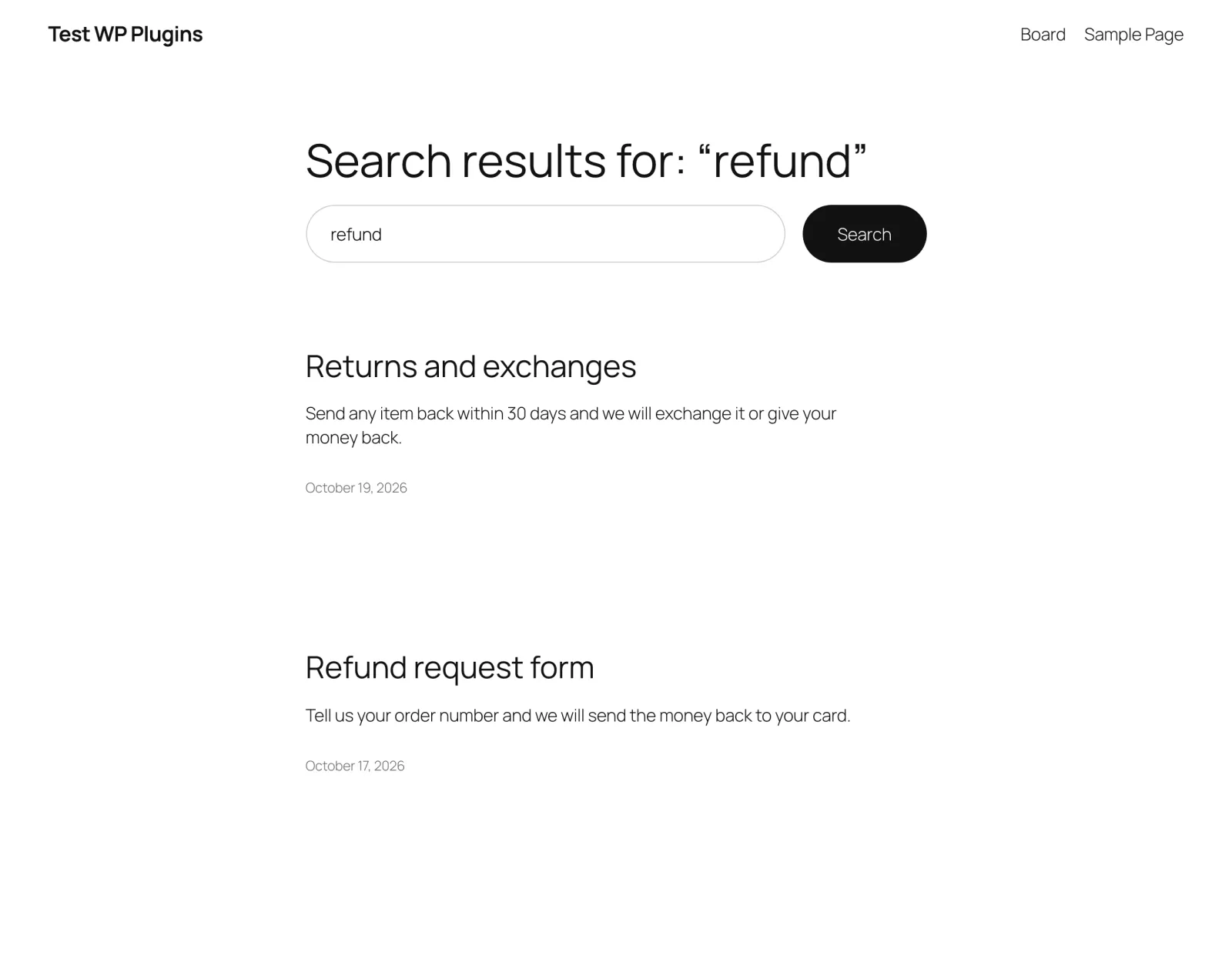 O căutare după „refund”: pagina de retururi e găsită după cuvântul-cheie și afișată prima, iar politica de rambursare din 2019 e ținută deoparte de cuvântul de excludere